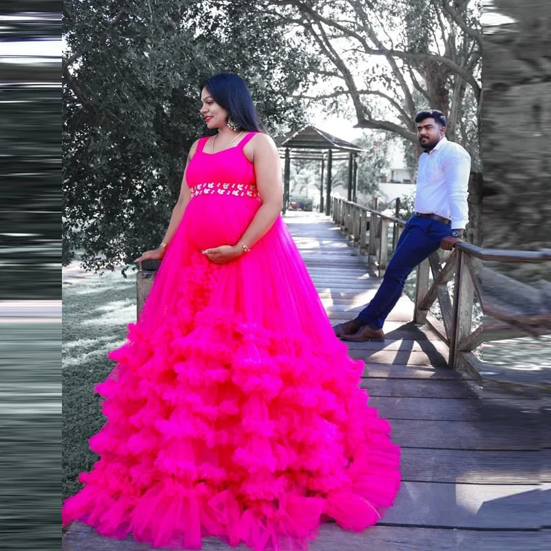 Fuchsia Ball Gown Tulle Dress For Maternity Shoot Baby Shows  Beads Sash Tiered Ruffles Tulle Robes Women Hot Pink PrincessGown