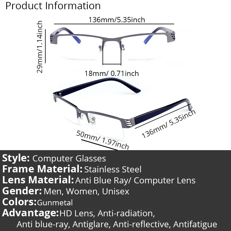 Vanlook Reading Glasses Frames Men Metal Half Rim Eyeglasses Frame Anti Blue Ray UV For Computer Optical Spectacle 0 +100 +2.50