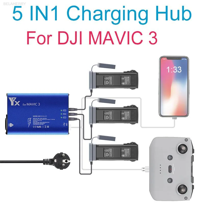 5 in 1 Battery Charger Hub for DJI Mavic 3/3 Cine Drone Remote Controller SmartPhone Charging Hub Intelligent Rapid Charger