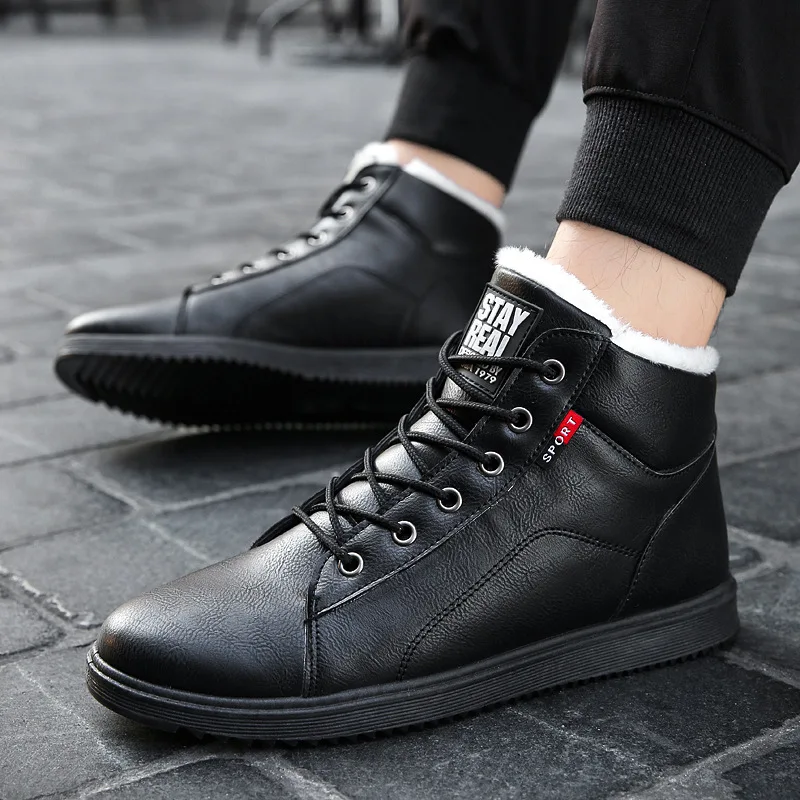 2019 Autumn Winter Warm Short Plush Sneakers Men Casual Shoes for Adult Quality Vintage PU Leather High Top Shoes Snow Boots