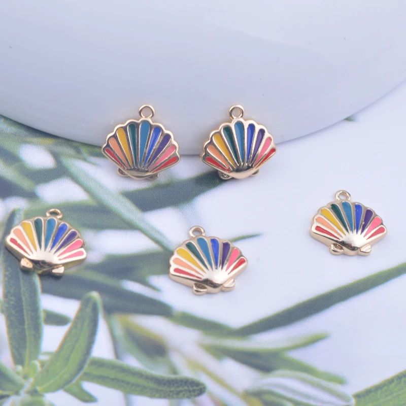 6pcs 10mm Colorfull Copper Enamel Shell Charms Real Golden Color Animal Pendant For Girl's Earring Necklace