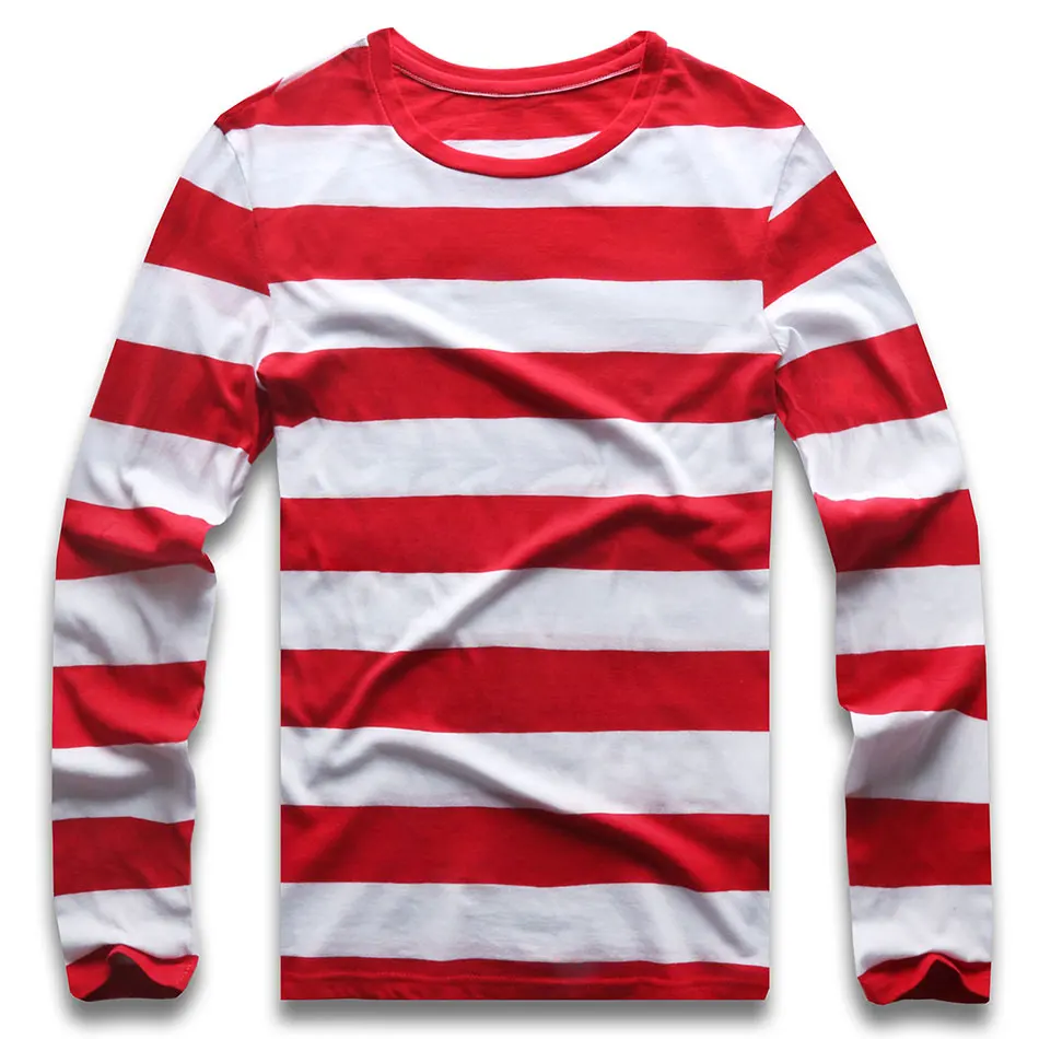 Red White Striped Long Sleeve T Shirts Tees for Men Round Neck Colorful Black White Stripes Men Casual