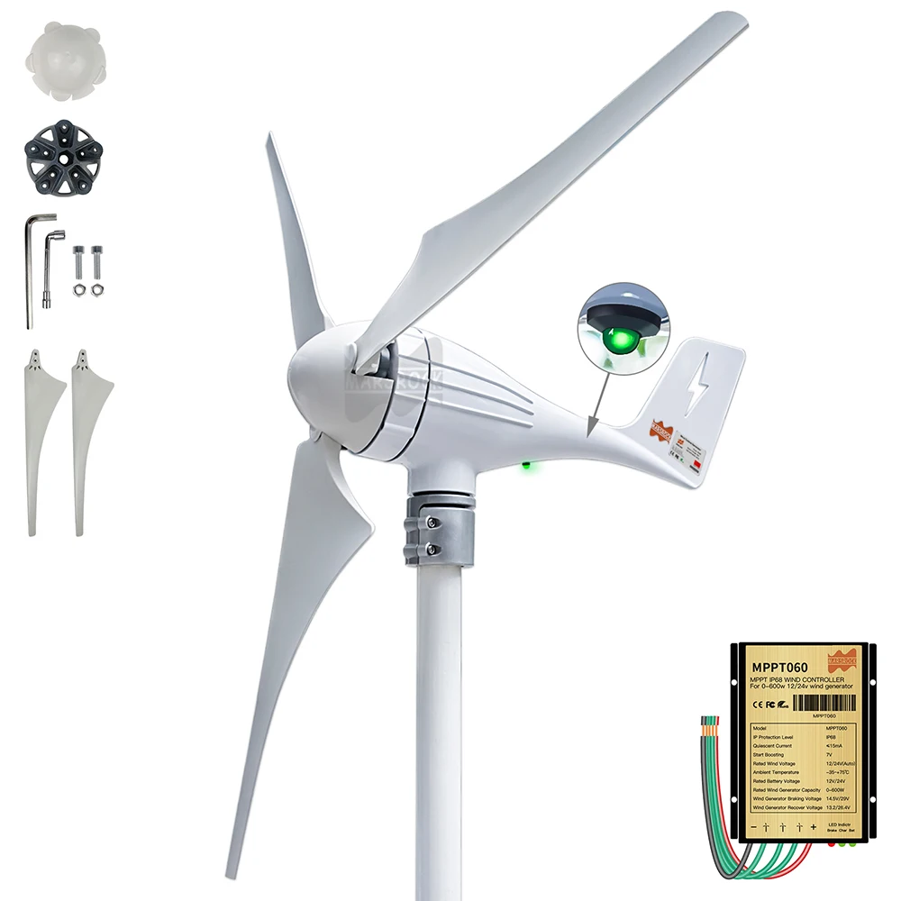 Turbina Eólica Residencial com Controlador Mppt 600w 12v 24v Gerador Lâminas ac Hawt Moinho de Vento Indicador de Carregamento Led