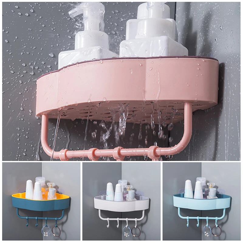 Free Punch Wall Corner Bathroom Shelves Shelf With Hook Bathroom Accessories Shampoo Shower Shelf Holder