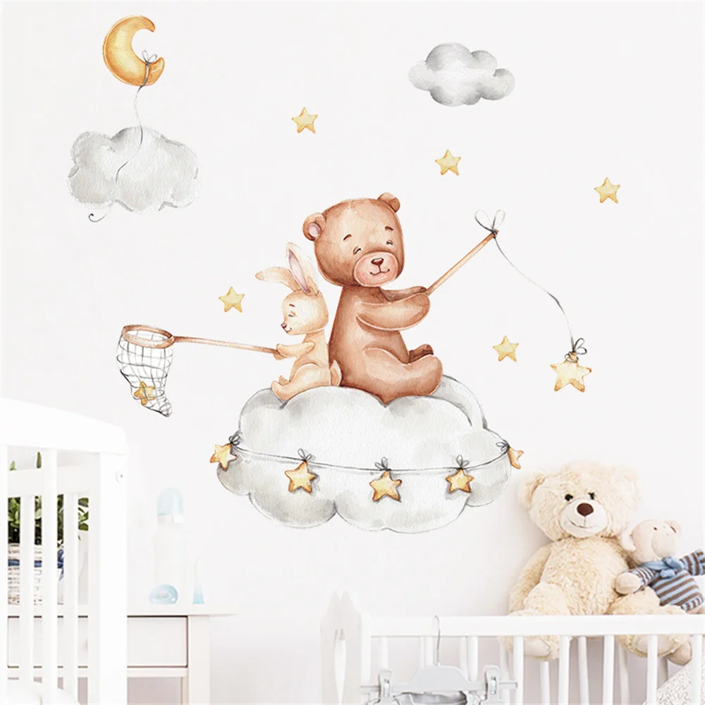 Moon Cloud Balloon Wall Stickers For Kids Rooms Boys Stars Large Wallpaper Sticker Children Room Bear Baby Bedroom Decoration
