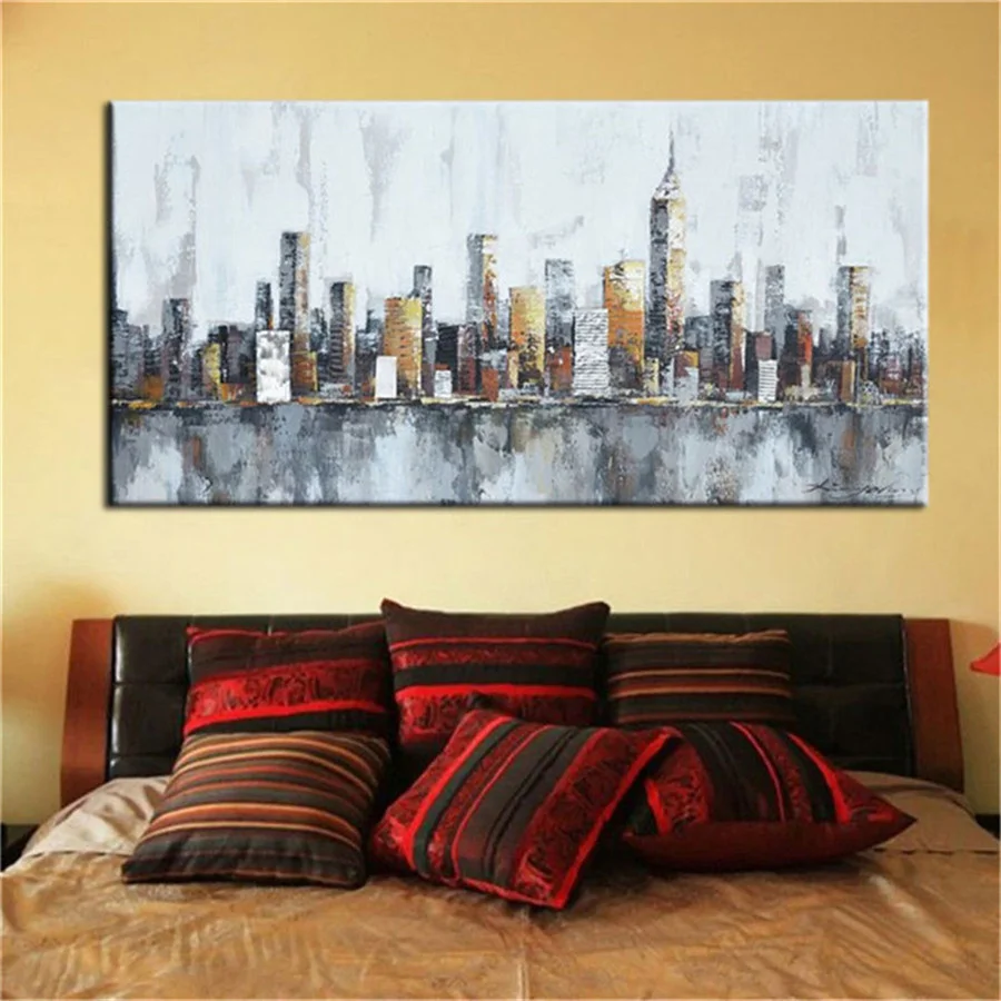 Large-Size 100% Hand-Painted Modern Oil Paintings Urban Metropolis By The Seine River Canvas Painting. Home Decoration Wall Art