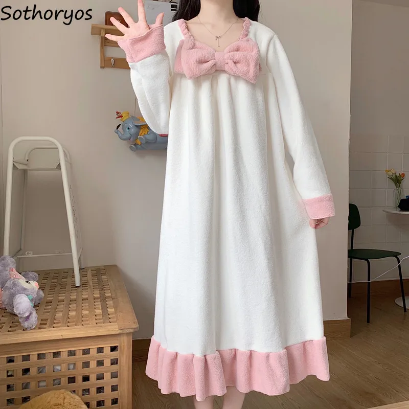 Sweet Cute Long Sleeve Nightgowns Women A-line Nightdress Teenagers Ins Popular Modern Bow Leisure Thermal Simple Japan Homewear