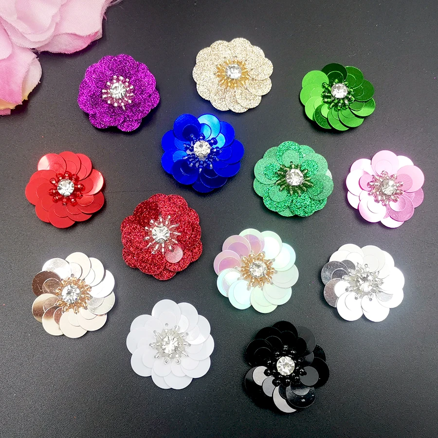 10 pcs 3D handmade sequin flowers rhinestone applique patches for clothing flower black white wedding dress DIY accessories