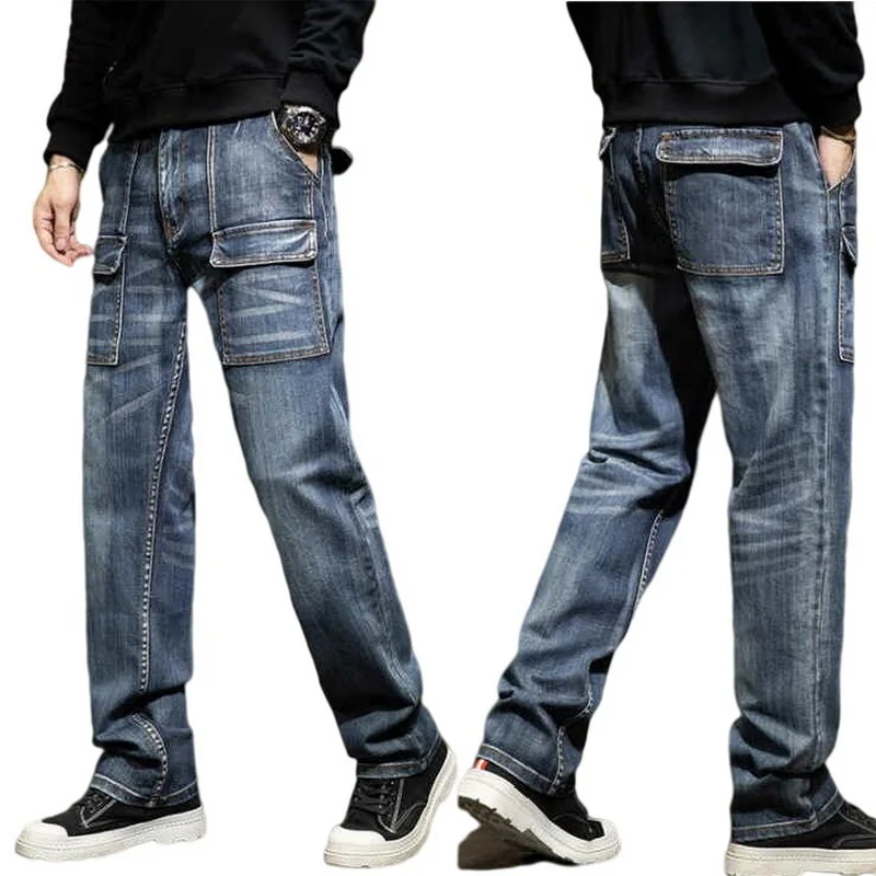 

Men Loose Jeans Straight Cargo Trousers Casual Big Pocket Baggy Jeans Mens Retro Cowboy Pants Size 29-44