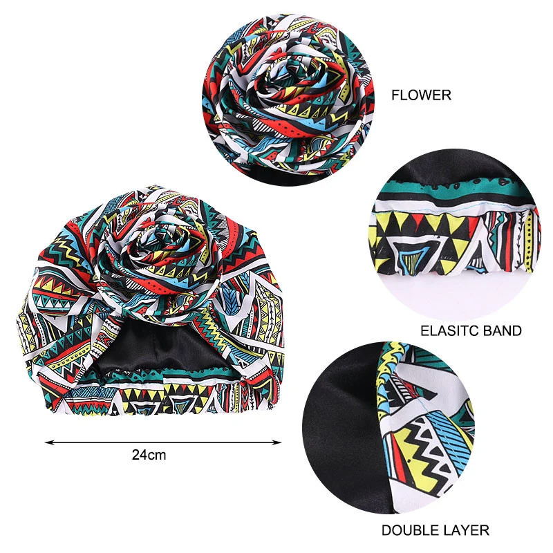 Boné de turbante forrado cetim feminino, flor grande, chapéu africano, envoltório estampado floral, lenço muçulmano, gorros femininos