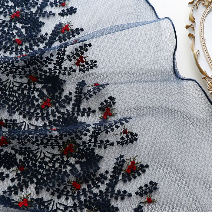 High quality dark blue soft yarn fabric Red floret embroidery tissu custom dress cheongsam tissus