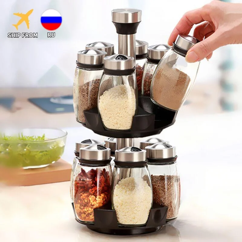 Spice Jar Set Glass Organizer Pepper Shaker Flavor Container Seasoning Pot Kitchen Salt Rack Bottle Holder Flavouring Tank Shelf