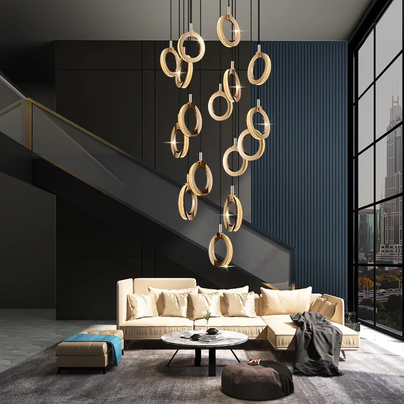 

Loft Duplex Floor Chandelier Modern Minimalist Double-layer Hollow Living Room Light 2021 New Creative Ring Net Red Light