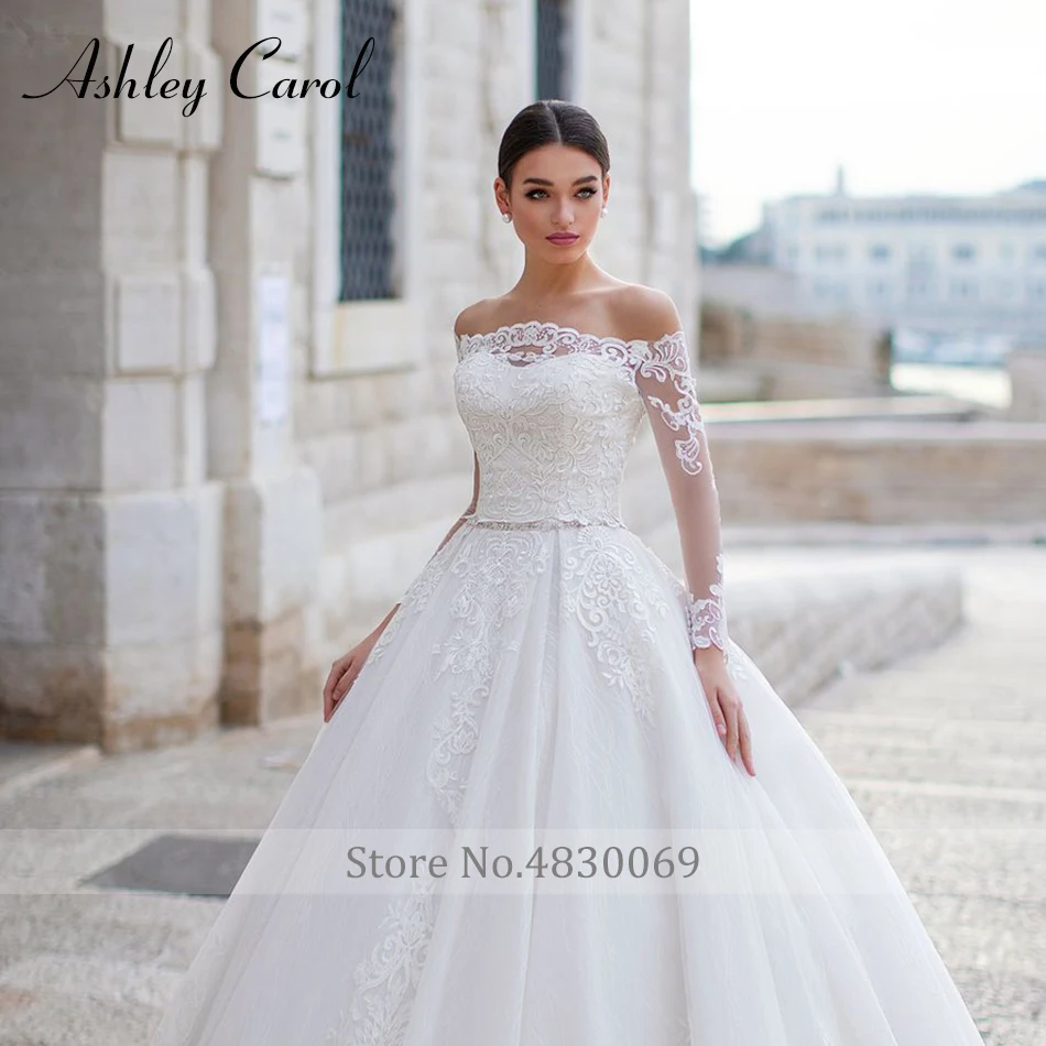 وصول أشلي كارول الجديد مع سترة طويلة الأكمام مع حزام كريستال يزين ثوب الزفاف Vestidos De Novia