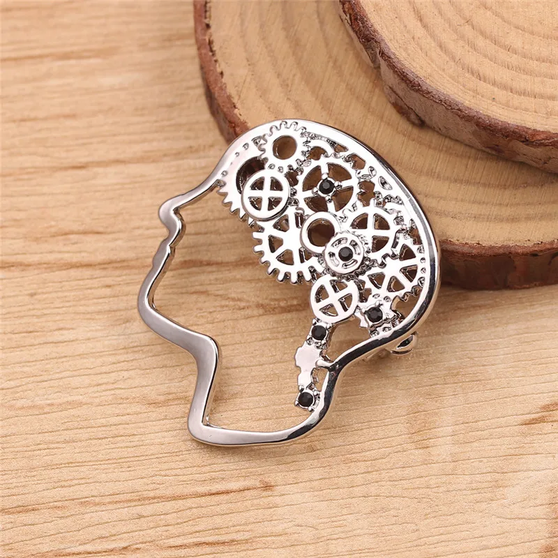 Creative Personality Brain Mechanical Brooches Hollow Metal Rhinestone Pins High Quality Denim Jacket Badge Brooches Jewelry