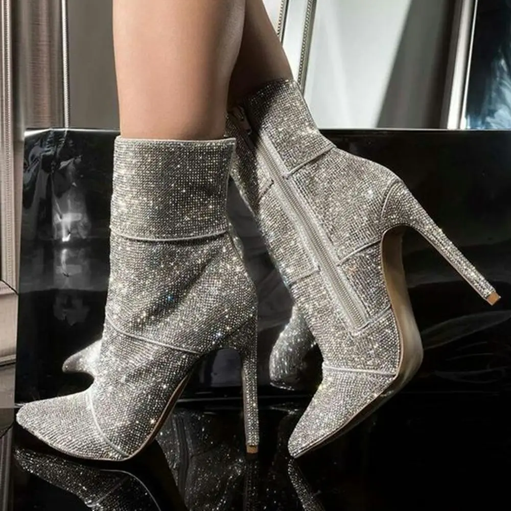 

Sequined Cloth Silver Gold Booties Runway Dress Women Zipper Sexy Pointed Toe Winter Autumn Ankle Boots Bling Bling Shoes