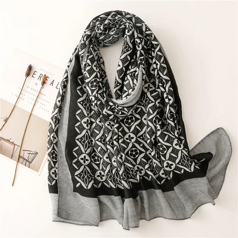 Lightweight Women Fashion Floral Printed Spring Summer Casual Scarves Cotton Tassel Fringes Scarf Head Wrap Oversized Shawl Cape