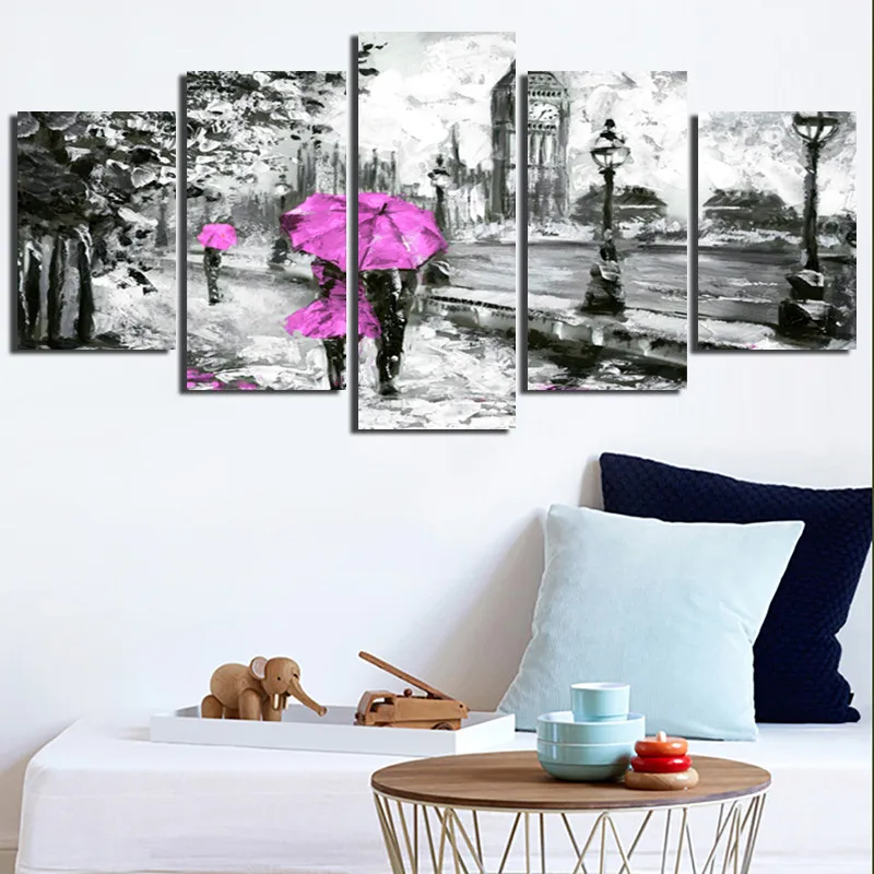 Fashion Hot Sale Wall Painting Lovers Gray Landscape Pink Umbrella Color Contrast Canvas Printing Frameless Decorative Poster