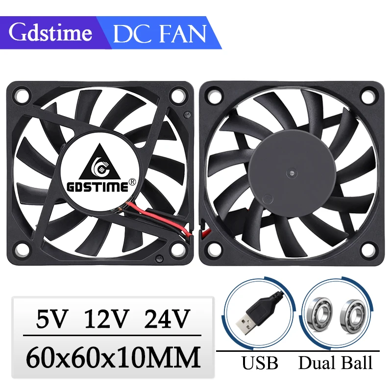 2 Pieces Gdstime 2Pin DC 5V 12V 24V 24 Volt 6cm 60x60x10mm 60mm Dual Ball Bearing Brushless Cooling Fan 60mm x 10mm  Cooler