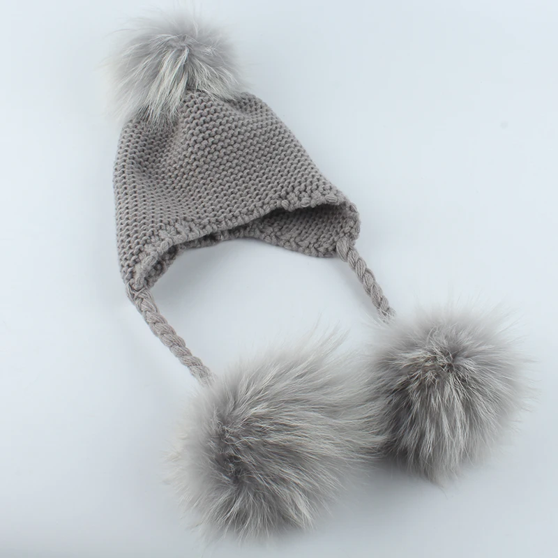 Inverno bebê gorro chapéu crianças earflap boné crianças 3 pompom pele lã chapéu natural pele real pom pom chapéu para meninas meninos