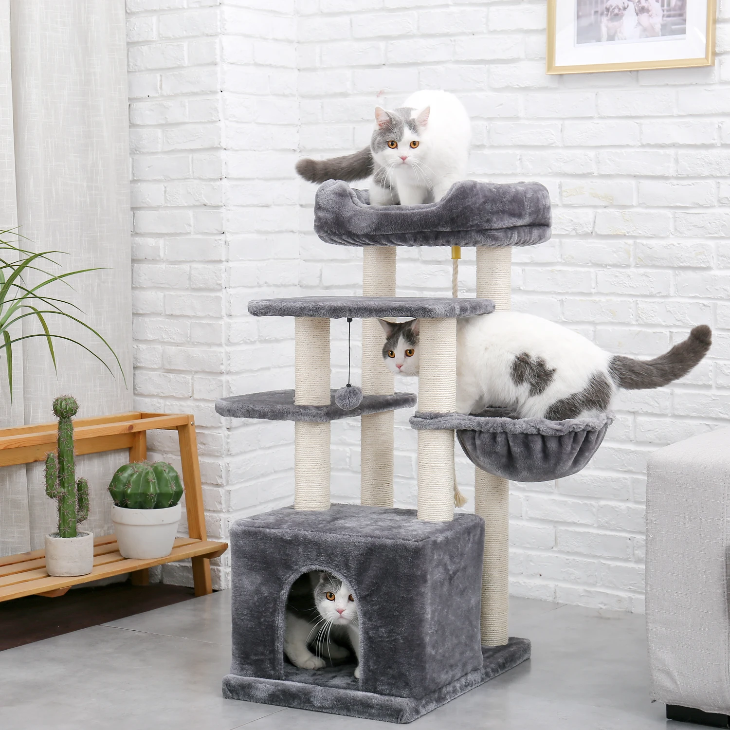 US Fast Delivery Cat Tree Condo Natural Sisal Scratching Post for Kitten Pet Cat Tower Cozy Perch Specious Hummock Dangling Ball