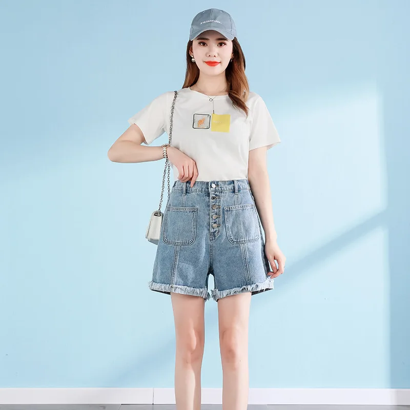 

001 Women Shorts Jeans Breasted Unique Patchwork Pockets Loose Thin Youth Fashion Student Basic Turned Edge Short Trousers Daily