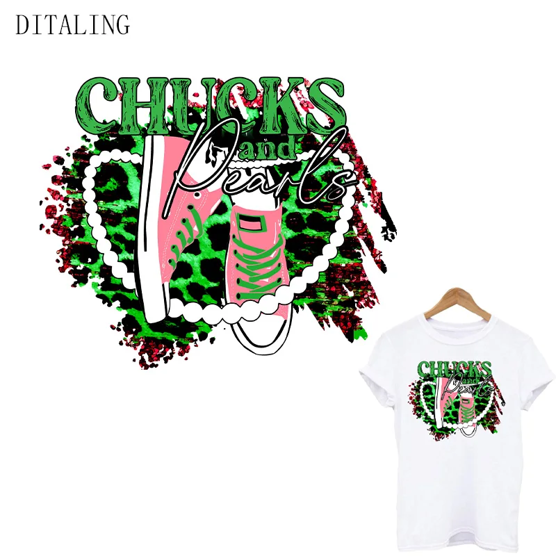 Chucks And Pearls Thermal Sticker On Clothing Leopard Shoes Patches Iron On Decals On T-Shirt Hoodies Appliqued Black Girl Patch