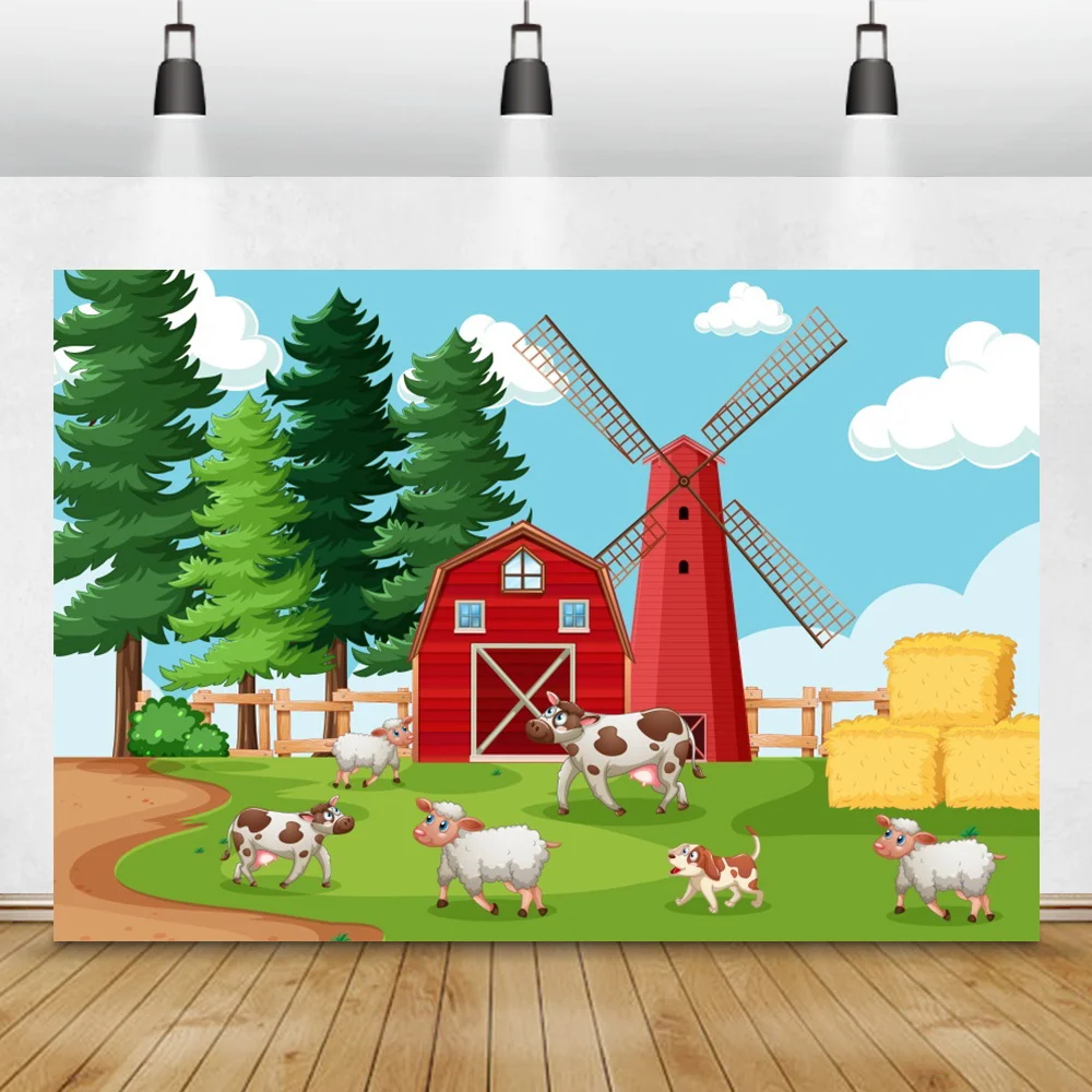 Baby Cartoon Rural Farm Filed Windmill Photo Background Child Birthday Party Animal Poster Portrait Custom Photographic Backdrop