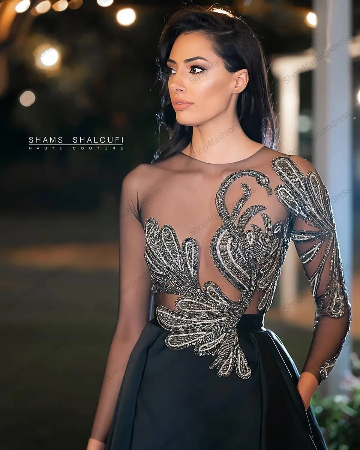 See Thru czarne satynowe sukienki wieczorowe wysokie rozcięcie koronkowe aplikacje sukienka na studniówkę urocze Backless korowód suknie robe de soiree