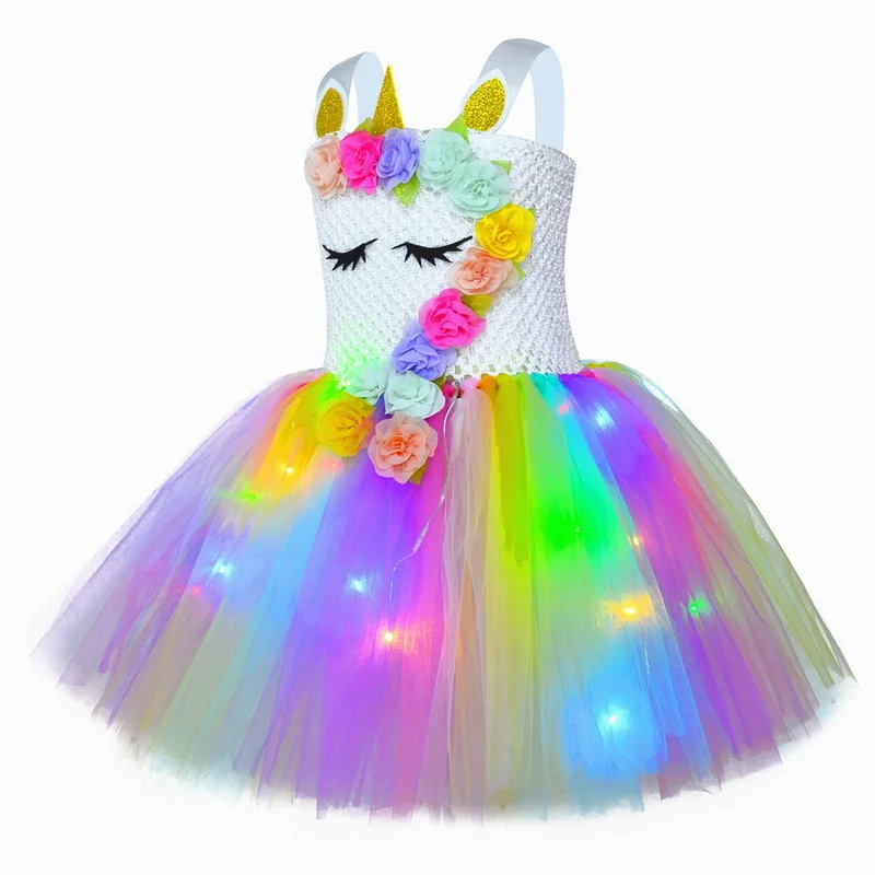 Robe Tutu de noël pour filles, motif de fleurs, licorne, Costume de fête d'anniversaire pour enfants, filet à paillettes, arc-en-ciel, lumières LED, robe de princesse