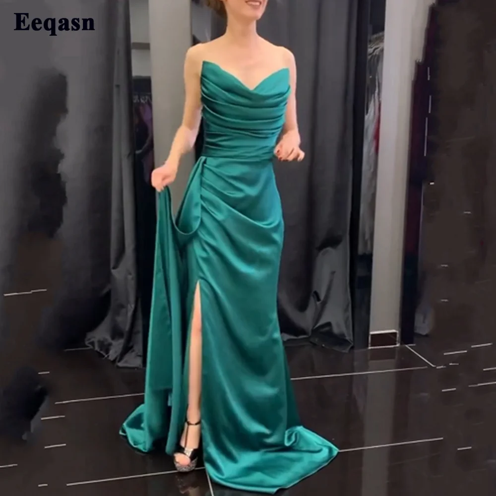 

Eeqasn Modest Green Satin Mermaid Evening Dresses Pleats Side Side Simple Women Prom Gowns Long Formal Occasion Dress Customize