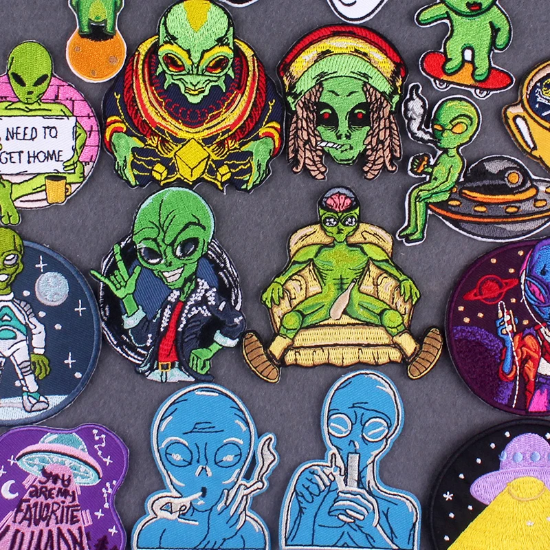 Embroidery Patch Smoking Alien Patches On Clothes DIY Punk Clothing Stickers Iron On Patches UFO Patches For Clothing Accessory