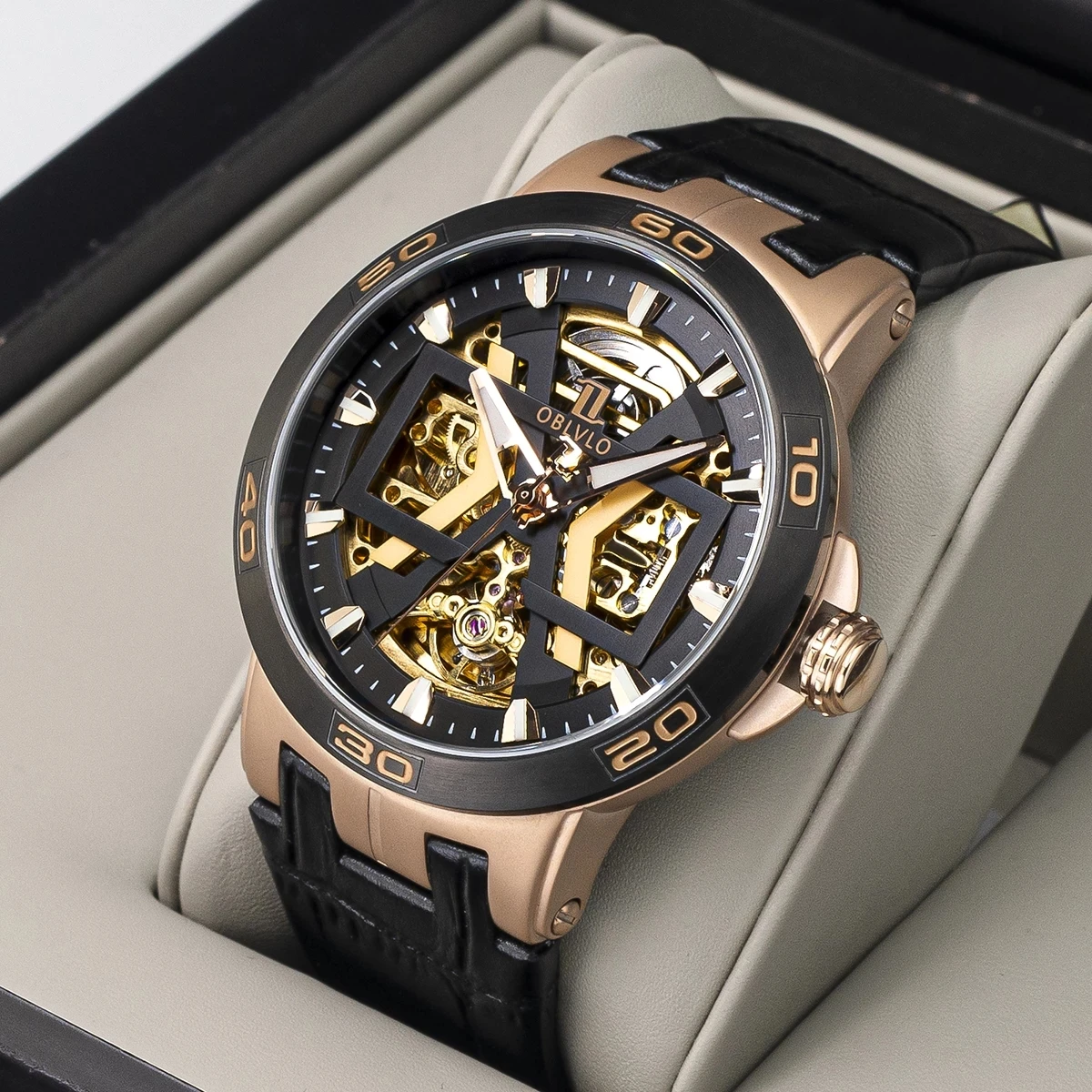 OBLVLO 2021 New Design Rose Gold Automatic Mechanical Watches Skeleton Dial Leather Strap Sapphire Glass Waterproof Watches