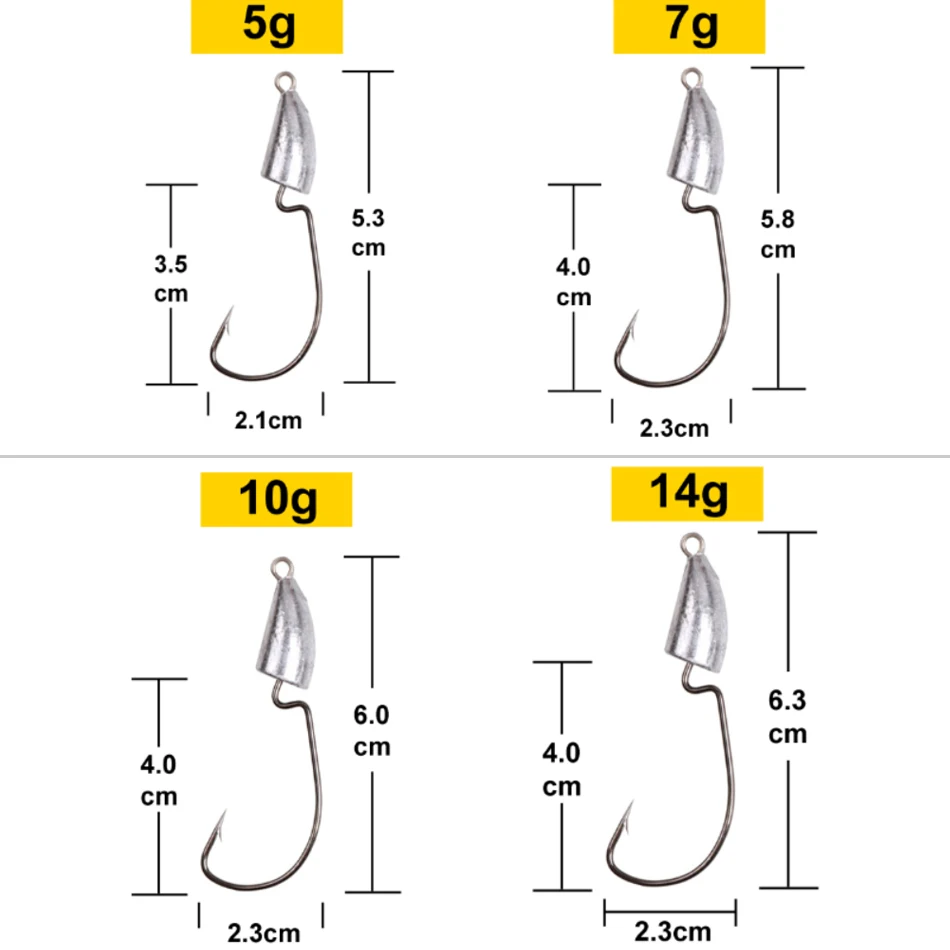 10pcs Imitation bullet crank Hook 5g 7g 10g 14g Bullet Jig Head hooks Sliver Weedless Offset Worm Hooks Texas Rigs Accessories