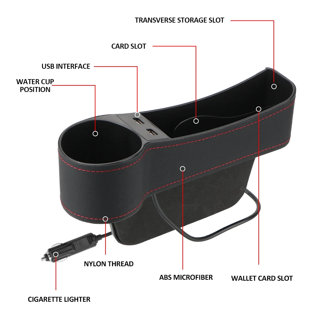 Seggiolino auto in pelle Gap Storage Box Seat Gap fessura Box Dual USB Charger accessori per auto Phone Bottle Cups Holder Box Car Organizer