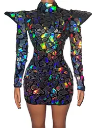 Cool Nightclub Women Singer Models Stage Performance Costume Silver Laser Faux Mirrors Sequins Dress Evening dresses