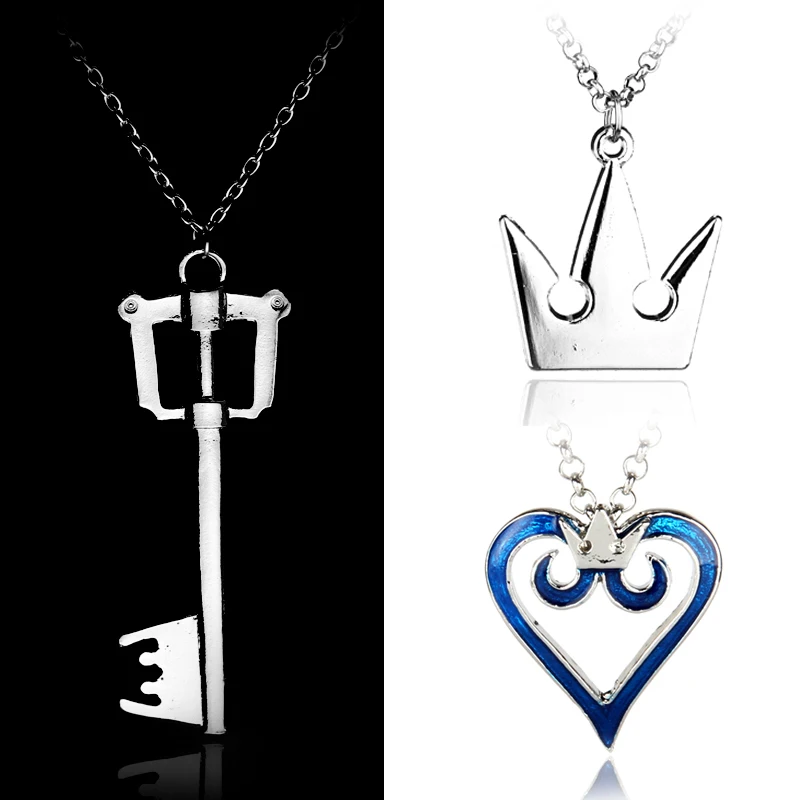 Game Jewelry Kingdom Hearts Sora Key Keyblade Crown Heart Choker Necklace Handmade Costume Key Charm Pendant Chain Necklaces