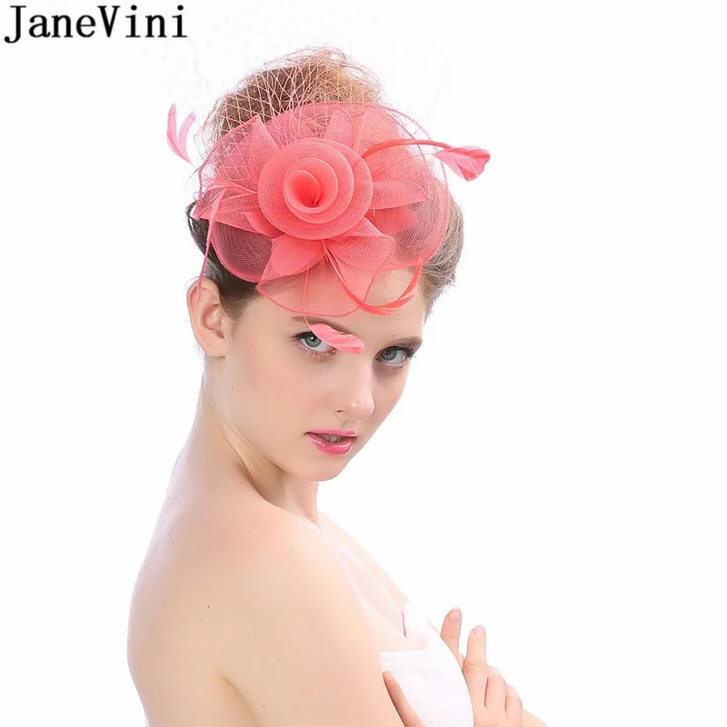 JaneVini White Wedding Hats for Women Elegant Fashion Fascinators Feathers Net Banquet Bridal Hat Clip haar accessoires bruid