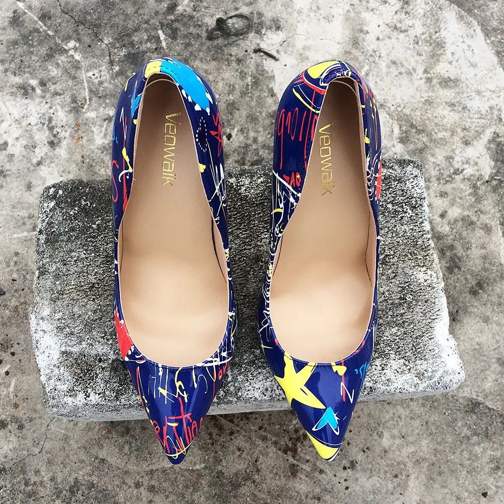 Veowalk Artistic Graffiti Colorful Women Pumps Sexy Stiletto high heels Spring Wedding Party Woman Shoes sapato feminino Blue