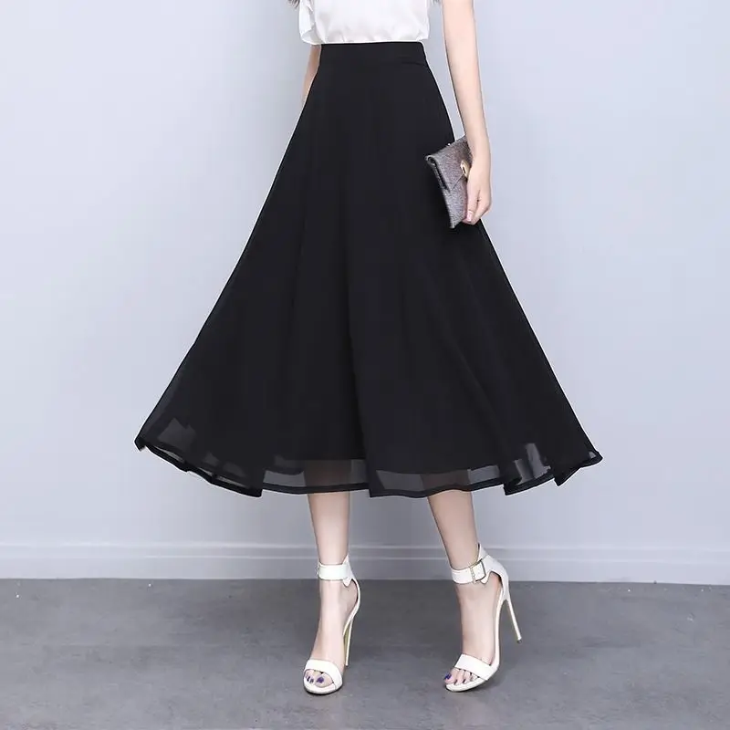 

Chiffon Skirt Women's Summer Midi 2024 High Waist A- line Expansion Woman Skirts Mujer Faldas Saias Mulher