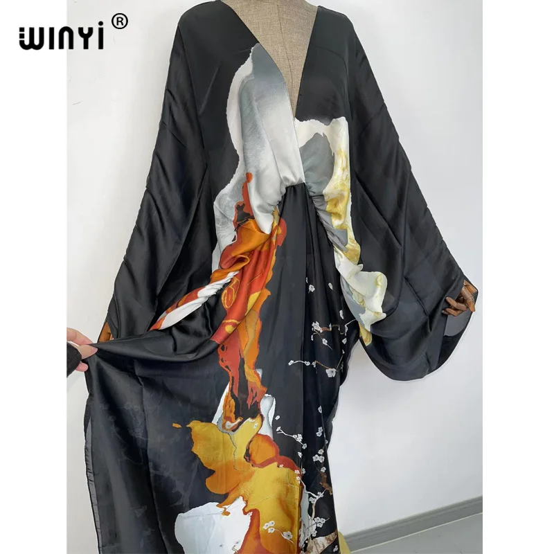 Sexy Beach High-Quality Hand-Rolled Feel Silk Rayon Fashion Print 2021 WINYI Maxi Women's Robes Long Beach V-Neck Bohemian Dress