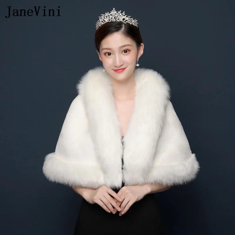 

JaneVini Winter White Faux Fur Coat Shawl Women Bridal Cloak Cape Red Wedding Formal Party Wraps Bolero Shrug Chaqueta De Novia