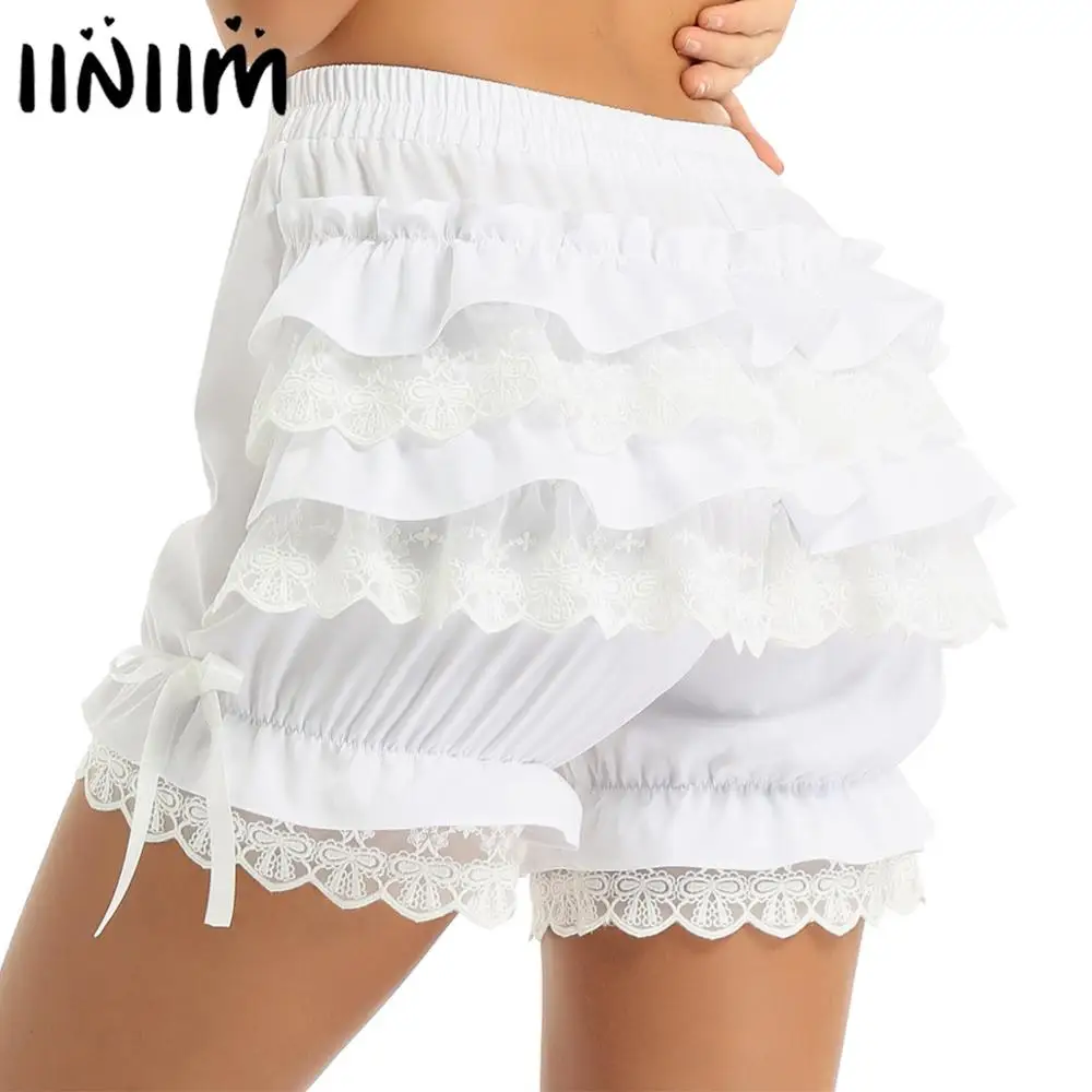 Womens Vintage Victorian Gothic Pantaloons Costume Adult Pajamas Layered Ruffle Lace Trim Loose Pumpkin Shorts Bloomers Shorts