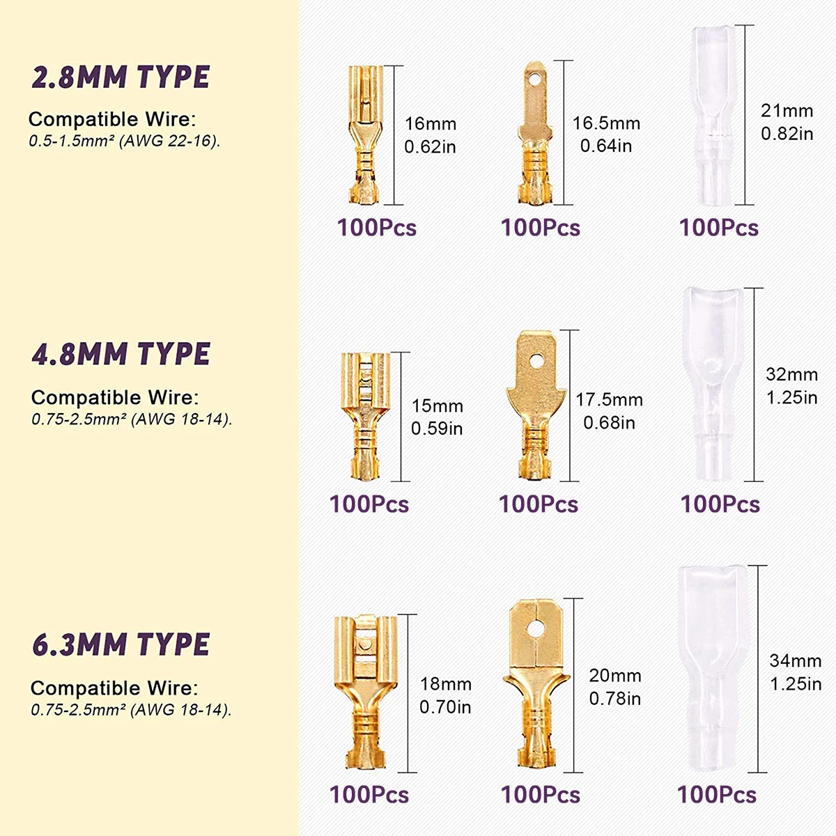 900Pcs Gold 2.8/4.8/6.3mm Male and Female Spade Quick Connectors Wire Crimp Terminal Block with Insulating Sleeve for Electrical