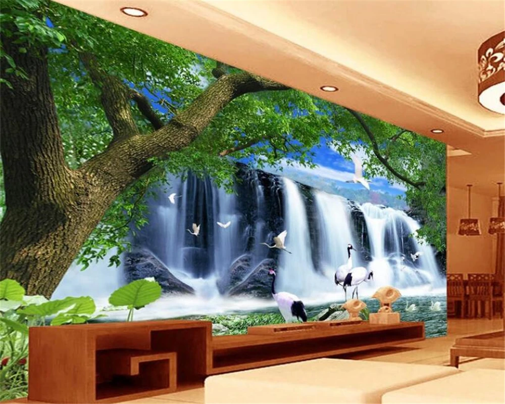 

WELLYU Home decoration painting beautiful silk cloth wallpaper China wind fairyland waterfall TV wall papel de parede tapety3D