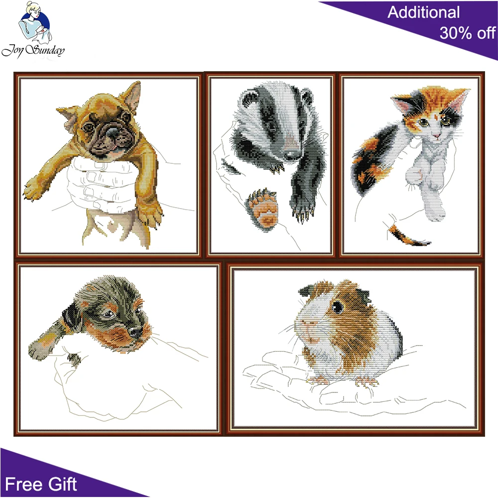 Joy Sunday Cross Stitch Kits, Pug, Badger, Guinea Pig, Yellow Puppy, Kitten in the Palm, DA522, DA523, DA524, DA525, DA526