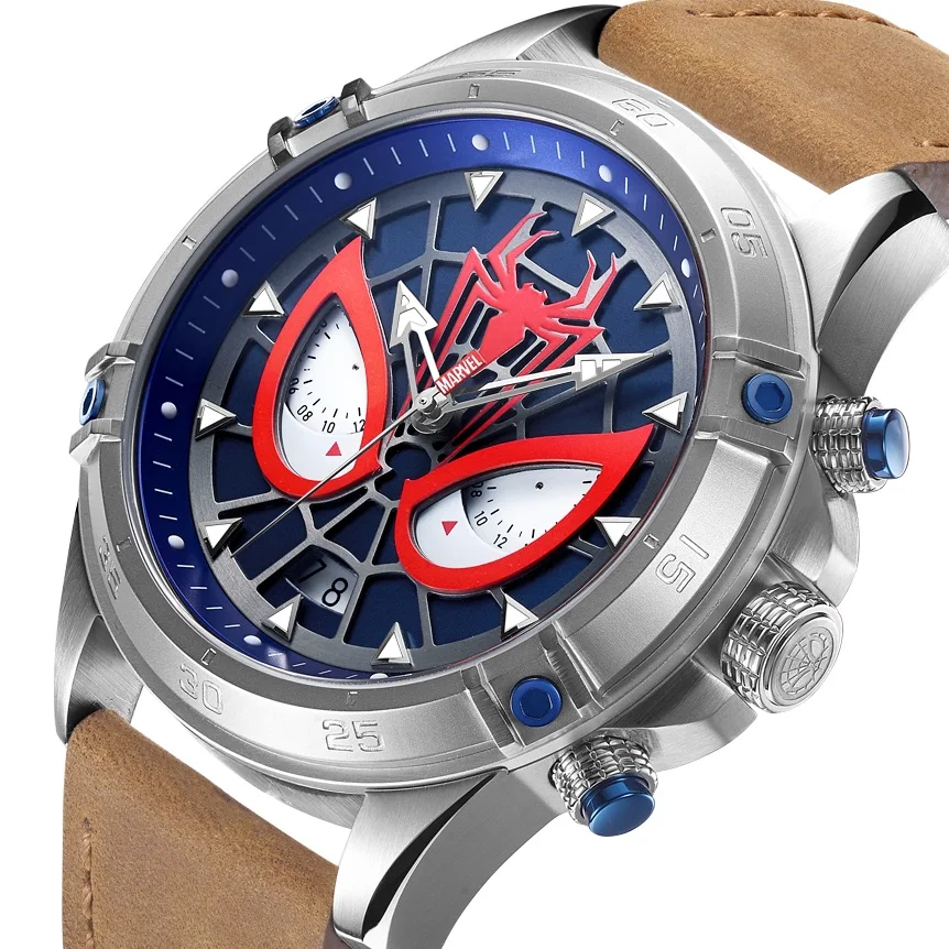 Marvel Original Avengers Cartoon Spider Man Calendar Leather Quartz Watches  Male Casual Waterproof Stainless New Steel Clock