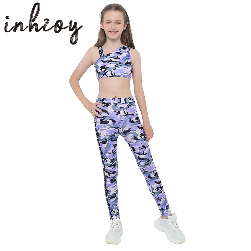 Kids Teens Sports Suits Crop Top with Leggings Pants 2 Pieces Sets Girls Gymnastics Ballet Dance Wear Camouflage Print Tracksuit