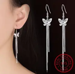 Wholesale Jewelry lovely Fashion for Woman Gift Fine Butterfly 925 Sterling Silver Long Tassel drop Earrings YS219