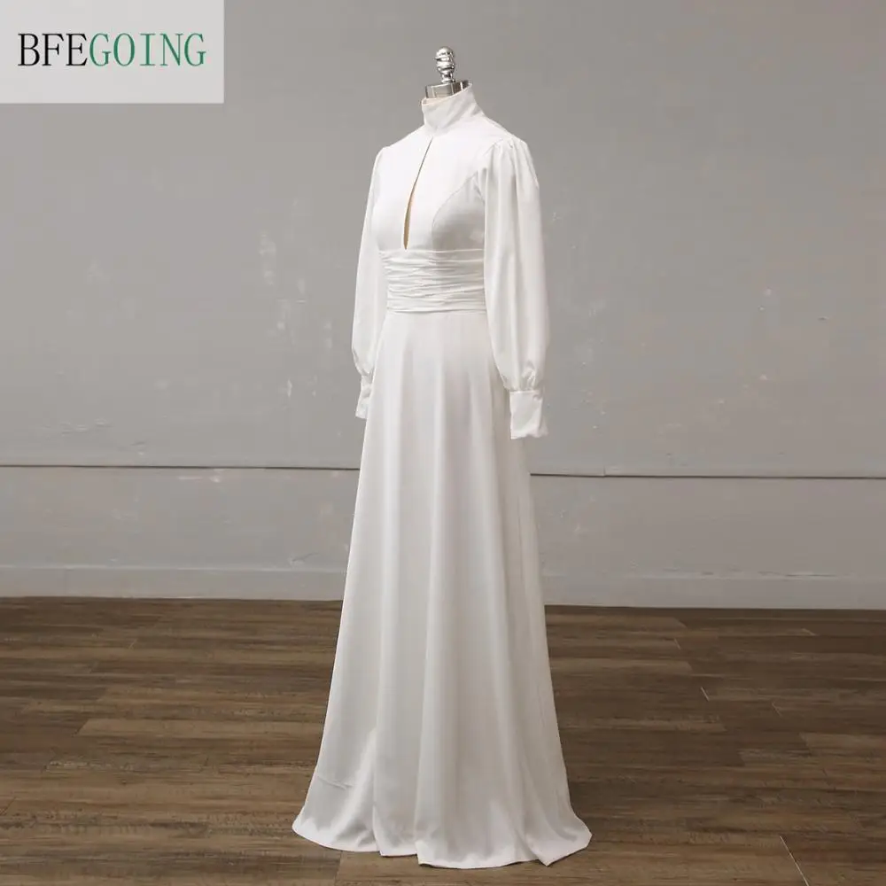 White Long Sleeves High Neck Bridal Gown Floor-Length A-Line Wedding Dress Custom Made